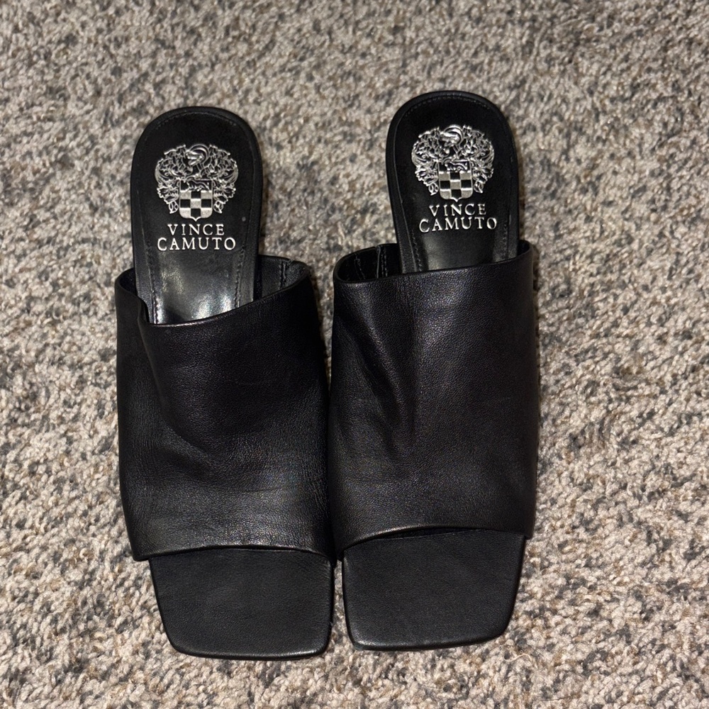 Vince Camuto Square Toe Black Leather Mules